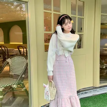 Japon Kawaii Ekose kemerli elbise Kadınlar Tatlı Yay Tasarımcı Parti Midi Elbise Kadın Rahat Kore Moda Kış Sevimli Elbise 2023