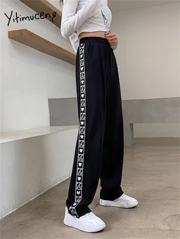Yitimuceng Sweatpants Kadınlar için Yaz 2023 Yeni Kore Moda Rahat düz pantolon Şık Baskı Yüksek Belli Geniş Bacak Pantolon