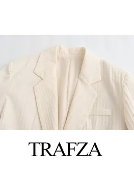 TRAFZA Sonbahar Moda Rahat Kadın Takım Elbise Şerit V Boyun Tek Göğüslü Cepler Blazer Düz Gevşek pantolon Ofis Bayan Setleri