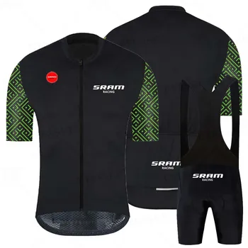 Yeni 2023 Erkekler Yaz SRAM Yarış Kısa Kollu Bisiklet Jersey Seti Maillot Ropa Ciclismo Bisiklet Giyim Nefes Bisiklet Giyim
