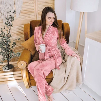 Kalınlaşmak Fanila Pijama Seti Gecelik Kadınlar İçin Kış Sıcak Tutmak Mercan Kadife Pijama Bornoz Pijama Pantolon 2 Parça Pijama Pijama