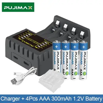 PUJIMAX 1.2 V AA 800mAh veya AAA 300mAh Kapasiteli Şarj Edilebilir Ni-MH Pil ile 4 yuvalı LED Ekran pil şarj cihazı Seti Kabloları İle