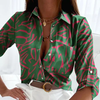 Kadınlar Turn-aşağı Yaka Üç Çeyrek Kollu İnce Bluz Casual Gömlek 2023 İlkbahar Sonbahar Bayanlar Tek göğüslü Streetwear Üst