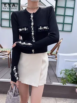 Slim Fit Kadın Siyah Kazak Kazak Uzun Kollu Örme Üst O-Boyun Moda İnci Boncuk Eklenmiş Dantel Moda Triko Kadın