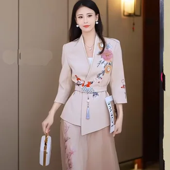 Kadın Çin Tarzı Çiçek Nakış Blazers Ceket Uzun Kollu OL Takım Elbise Ceket Kuşaklı Hırka Üstleri + Örgü A-Line Etek 2 adet Set