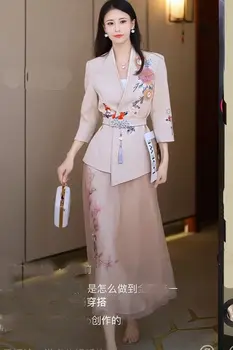 Kadın Çin Tarzı Çiçek Nakış Blazers Ceket Uzun Kollu OL Takım Elbise Ceket Kuşaklı Hırka Üstleri + Örgü A-Line Etek 2 adet Set