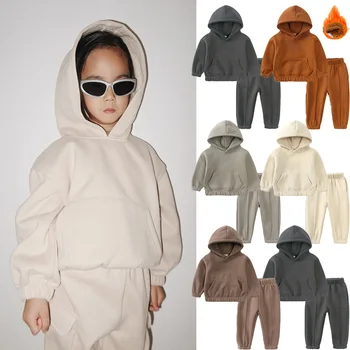 2 Adet 2023 Sıcak Çocuklar Bebek Erkek Kız giyim setleri Gecelik Takım Elbise Katı Hoodies Üst Kazak + Pantolon Bebek Spor Kıyafetler