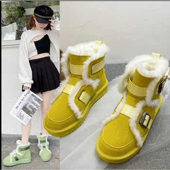 Kadın ayakkabısı yarım çizmeler Kar Botları Sonbahar ve Kış 2023 Yeni Kemer Tokası Kalın tabanlı kaymaz Sıcak pamuklu ayakkabılar