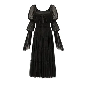 2023 Fransız Tarzı Elbise Zarif peri elbisesi Katı Pullu Bir Çizgi Boyun Elbise evaze elbise
