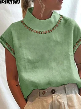 Kadın Gömlek Güzel Kısa Kollu Yüksek Yaka Katı Renk Hollow Out Tops ve Bluzlar Basit Pamuk Keten Moda Şık Giysiler