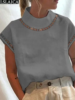 Kadın Gömlek Güzel Kısa Kollu Yüksek Yaka Katı Renk Hollow Out Tops ve Bluzlar Basit Pamuk Keten Moda Şık Giysiler