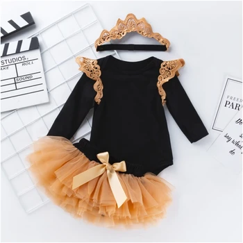 Bebek Kız 0-2Years Doğum Günü Elbise Giyim Seti Bebek Sonbahar Fırfır Kollu Tulum + Örgü Etek 3 Adet Kıyafet Toddler Parti Elbise