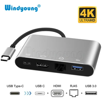 4 in 1 USB Tip-C HDMI 4 K + RJ45 Gigabit Ethernet Ağ Kartı + Tip-C PD OTG Hub Adaptörü macbook için kablo USB-C Splitter