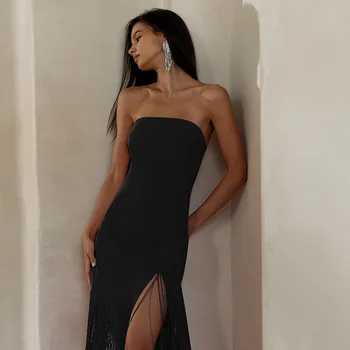 Moda Kıdemli Gece Elbisesi kadın Elbise 2023 Yaz Yeni Püskül Seksi Sütyen Bölünmüş Tasarım uzun elbise Seksi Elbise Doğum Günü Elbise