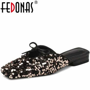 FEDONAS Moda Bling Bling Katır Terlik Kadın Pompaları Düşük Topuklu Tatlı Kelebek-Düğüm Ayakkabı Kadın Rahat Parti Sandalet Yaz Yeni