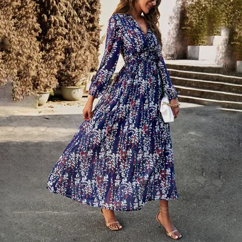 Kadın V Boyun Uzun Kollu Zarif Şifon günlük elbiseler Moda Vintage Banliyö Yüksek Bel Çiçek Baskılı Bir Çizgi Parti Törenlerinde