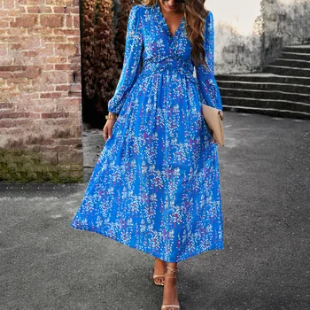 Kadın V Boyun Uzun Kollu Zarif Şifon günlük elbiseler Moda Vintage Banliyö Yüksek Bel Çiçek Baskılı Bir Çizgi Parti Törenlerinde