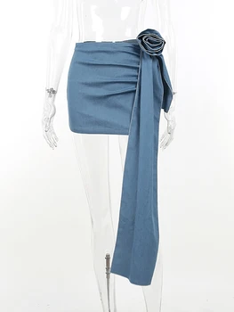 RDMQ 2023 Sonbahar Yeni Büyük Çiçek Dantelli Kadın Etek Mavi Yüksek Bel Düz Kot Etek Kadın Sıska Rahat Zarif Streetwear