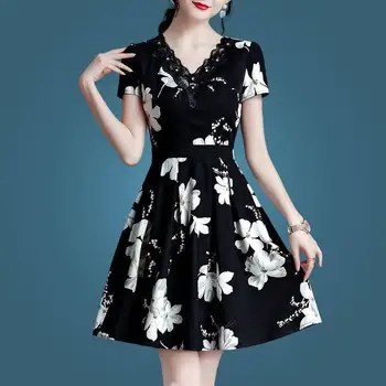Şifon elbise kadın Tarzı Kısa Kollu Yaz 2023 Yeni Lace up Slim Fit Bel Baskı V Yaka yaz elbisesi İnce