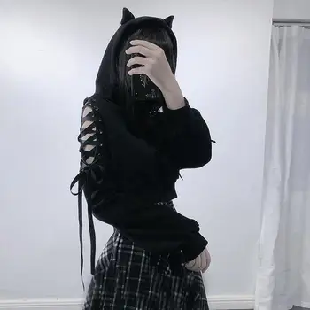 Gotik Punk Siyah kadın Kedi Kulak Hoodie Kazak Uzun Kollu Kapüşonlu Sweatshirt Sevimli Dantel Up Bluz
