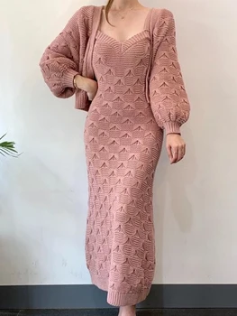 Bahar Rahat Tatlı Örgü 2 Parça Kıyafetler Kadınlar Uzun Kollu Ceket Ceket Kayma Kayışı Maxi Elbise Femme Sokak Tatil Setleri Mujer