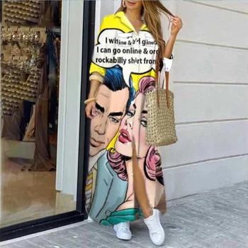 Tek Göğüslü Düğme Düzensiz Boho Maxi Elbiseler Seksi turn-aşağı Yaka Moda Kadınlar Sundress Yüz Baskı Gömlek Elbise Vestido