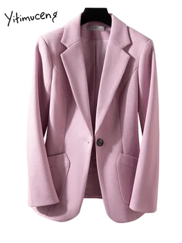 Yitimuceng Kahve Resmi Blazer Kadınlar için Sonbahar Kış 2023 Kore Moda Uzun Kollu Baskı Ceket Ofis Bayanlar Casual Palto
