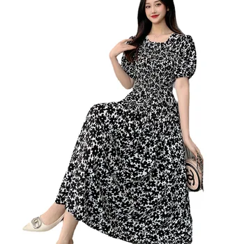 Poplin Elbiseler Yaz Kadın Yuvarlak Boyun Puf Kısa Kollu Bir Çizgi Baskı Elbiseler Sıkı Yüksek Bel uzun elbise Rahat Zarif 2023
