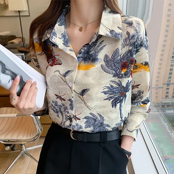 Streetwear Kadınlar Vintage Kontrast Çiçek Baskı Gömlek Gevşek Uzun Kollu Bluz Y2k Chic Tops Kadın Ofis İş Elbisesi