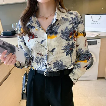 Streetwear Kadınlar Vintage Kontrast Çiçek Baskı Gömlek Gevşek Uzun Kollu Bluz Y2k Chic Tops Kadın Ofis İş Elbisesi