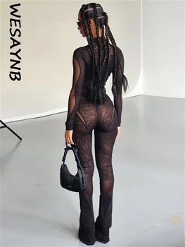 Güz Kıyafetler Seksi Örgü 2 İki Parçalı Setleri Eşofman Kadın Siyah Pantolon Setleri Kadınlar için 2022 Uzun Kollu See Through Bodysuit Üst