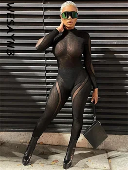 Güz Kıyafetler Seksi Örgü 2 İki Parçalı Setleri Eşofman Kadın Siyah Pantolon Setleri Kadınlar için 2022 Uzun Kollu See Through Bodysuit Üst