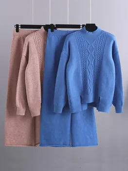 Sonbahar Kış kadın Balıkçı Yaka İki Parçalı Set Katı Kazak Düz Bacak Pantolon Örme Takım Elbise Rahat GEVŞEK Setleri Kadınlar için 2 adet