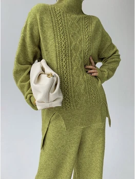 Sonbahar Kış kadın Balıkçı Yaka İki Parçalı Set Katı Kazak Düz Bacak Pantolon Örme Takım Elbise Rahat GEVŞEK Setleri Kadınlar için 2 adet