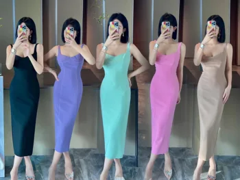 2023 Yeni Yüksek Sokak Moda Kadınlar Seksi Straplez Saf Renk Göğüs Şekillendirme İnce Uydurma Elbise