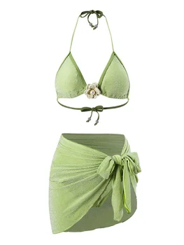 Zarif Dantel Çiçek bikini seti Seksi Kadınlar 3 parça Mayo Düğme Mayo 2023 Yeni Yeşil Dize Mayo Yaz Beachwear