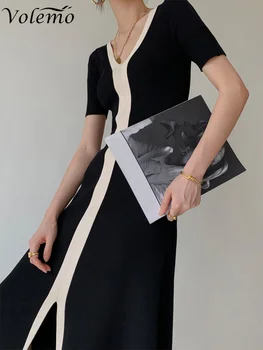 Siyah Beyaz Rahat Zarif Vintage Kısa Kollu uzun elbise kore modası Stil Örme İnce Maxi Elbiseler Kadınlar İçin Yaz 2023