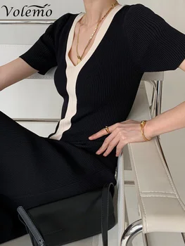 Siyah Beyaz Rahat Zarif Vintage Kısa Kollu uzun elbise kore modası Stil Örme İnce Maxi Elbiseler Kadınlar İçin Yaz 2023