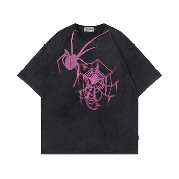 Örümcek Web Baskılı Sıkıntılı Büyük Boy Grafik T Shirt Erkek Kadın Vintage Unisex Gotik Yaz Üst Estetik Giyim Streetwear