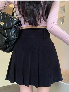 Seksi Kadife Pilili Mini Etek Kemer ile Retro Yüksek Bel Sıcak Kız A-line Etek Kadın Sonbahar Şık Y2k Siyah Faldas Mujer