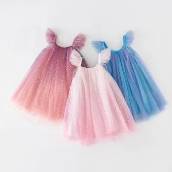 Yeni Yaz Çocuk Kız Elbise Parlama Kollu Örgü Boyundan Bağlı Bluz Degrade Pullu Gökkuşağı çocuk Sahne Çiçek Prenses Elbiseler H001