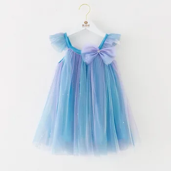 Yeni Yaz Çocuk Kız Elbise Parlama Kollu Örgü Boyundan Bağlı Bluz Degrade Pullu Gökkuşağı çocuk Sahne Çiçek Prenses Elbiseler H001
