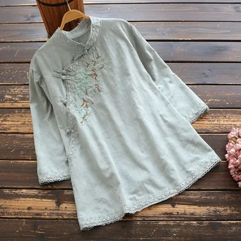Yeni Bahar Kadın Standı Boyun Plaka Düğmesi Eğik Ön Bluz Retro Çiçek Nakış Gömlek Uzun Kollu Saf pamuklu bluz Blusas