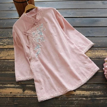 Yeni Bahar Kadın Standı Boyun Plaka Düğmesi Eğik Ön Bluz Retro Çiçek Nakış Gömlek Uzun Kollu Saf pamuklu bluz Blusas