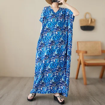 # 6677 Mavi Sarı Baskılı Vintage uzun elbise Batwing Kollu İnce Boho Plaj Kat Uzunluk Elbise Kadın V Yaka Seksi Retro Vestidos