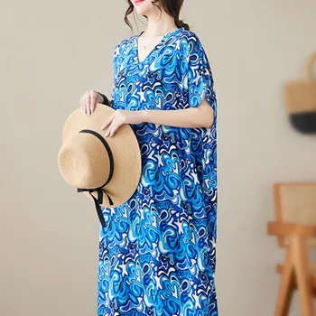 # 6677 Mavi Sarı Baskılı Vintage uzun elbise Batwing Kollu İnce Boho Plaj Kat Uzunluk Elbise Kadın V Yaka Seksi Retro Vestidos