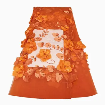 2023 Muhteşem Turuncu Çiçekler Afrika Dantel kumaş Boncuklu Fransız dantel kumaş Dubai 3D Aplike tül dantel düğün / parti elbise