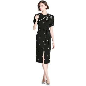 2023 Yaz Yeni Kadın Vintage Zarif Küçük Çiçek Nakış Yüksek bel Kısa Puf Kollu kalem elbise İnce Ofis Bayan İş