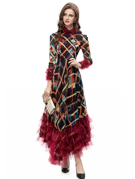Kadın Yeni Bahar Sonbahar Yüksek Kalite Moda Parti Baskılı İnce Örgü Asimetrik Esneklik Bohemian Güneş Koruyucu Şık uzun elbise