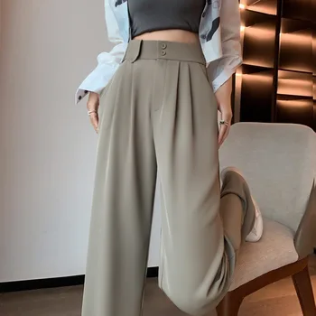Beyaz Yüksek Belli Pantolon Kadınlar için Bahar 2023 Yeni Kore Moda Düğmesi Geniş Bacak Pantolon Ofis Bayanlar rahat pantolon Y2k Pantolon
